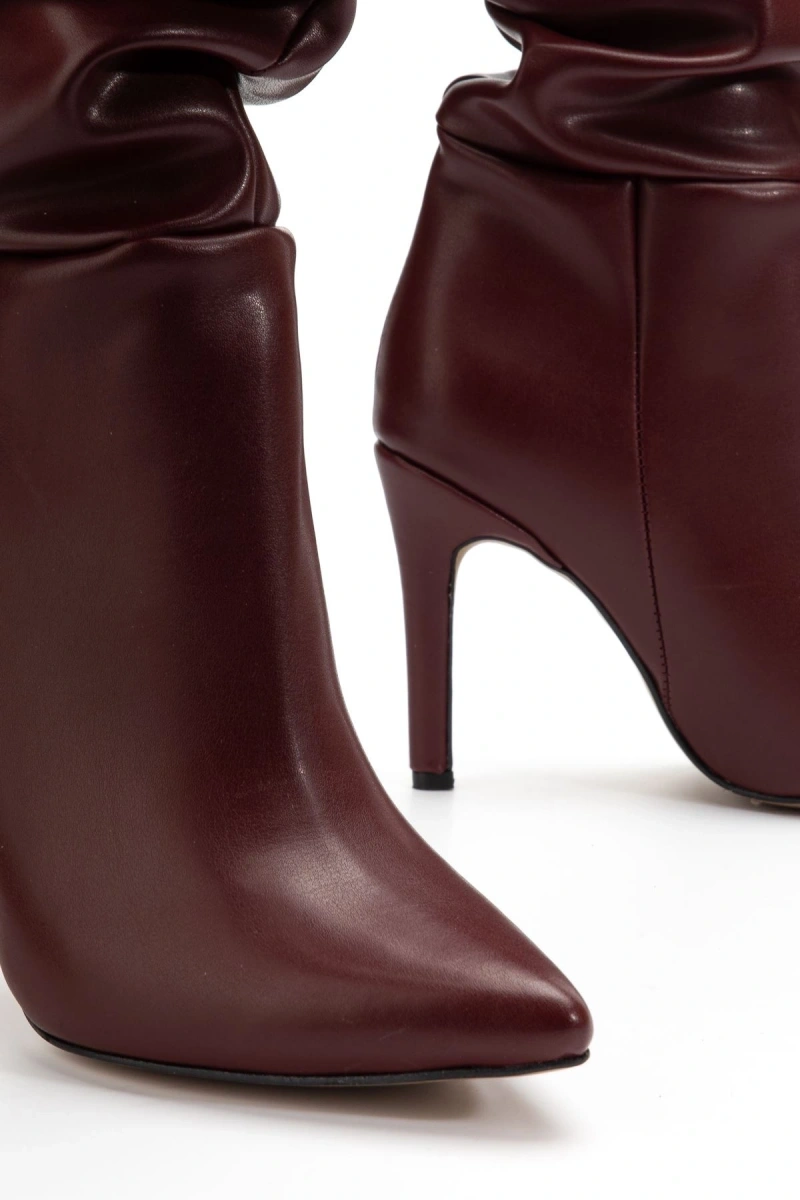 Bordo Büzgülü Diz Altı Stiletto Topuk Kadın Çizme - Görsel 4